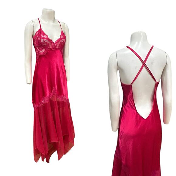 Pink Satin & Lace Long Slip Dress Hi Low Nightgown / Women’s Small - - Picture 1 of 4